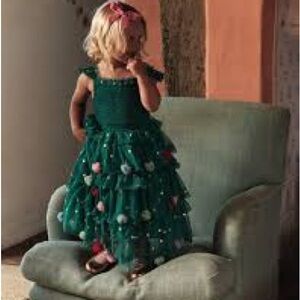 Mini Boden Teal Dress with Colorful Pom Poms